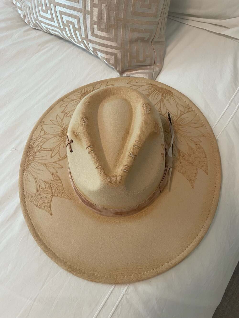 Tan Burned Sunflower Wide Brim Fedora Hat